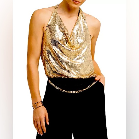 HALTER TOP WIDE LEG JUMPSUIT GOLD/BLACK XS - Picture 1 of 5